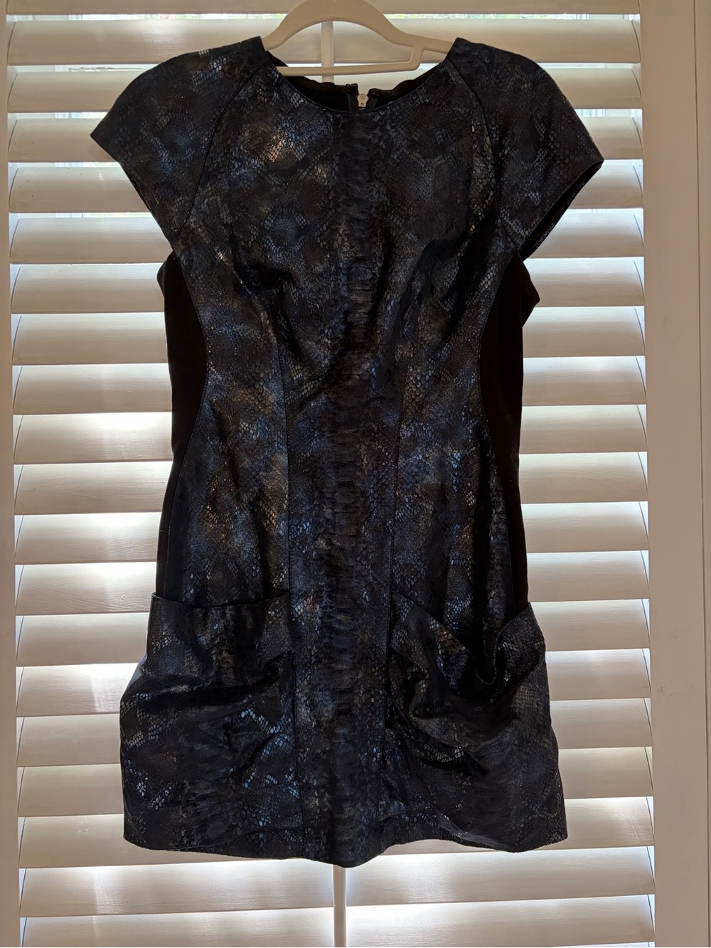 Foley and Corrina Black and Blue Snakeskin Textured Sheath Dress